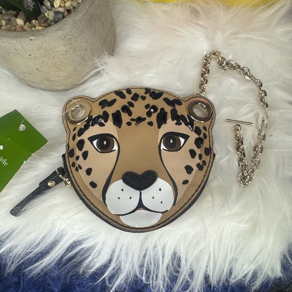 RARE Kate Spade Run Wild Leopard Face Coin Purse Wristlet in Tan and Black - Picture 4 of 9